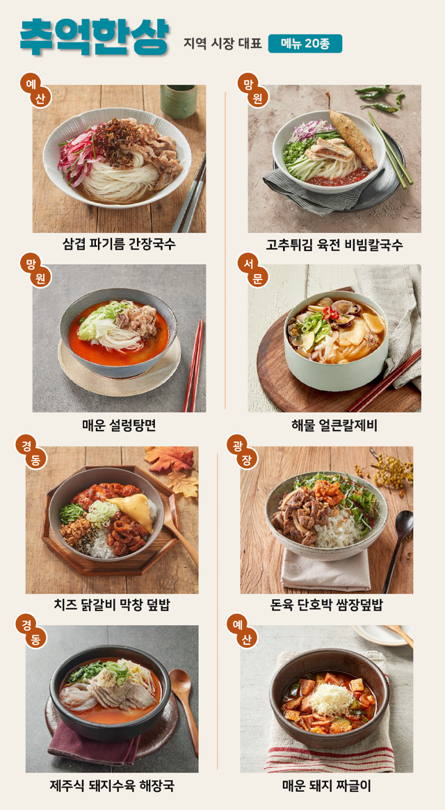 삼성웰스토리, 가을, 구내식당, 사내식당, 회사식당, 프로모션, 전국팔도, 전통시장, 핫플레이스, 레트로, 추억한상, 서문시장, 망원시장, 경동시장, 간장국수, 비빔칼국수, 육전, 돼지수육, 해장국